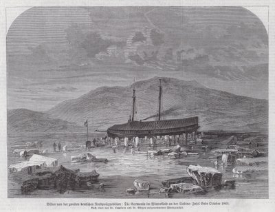 Schooner Germania på Sabine Island utanför Grönlands östkust, andra tyska nordpolarexpeditionen, slutet av oktober 1869 (gravyr) av German School