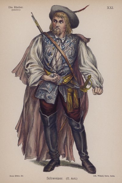 Schweizer, från Die Rauber (Rånarna) av Friedrich Schiller (färg litho) av German School