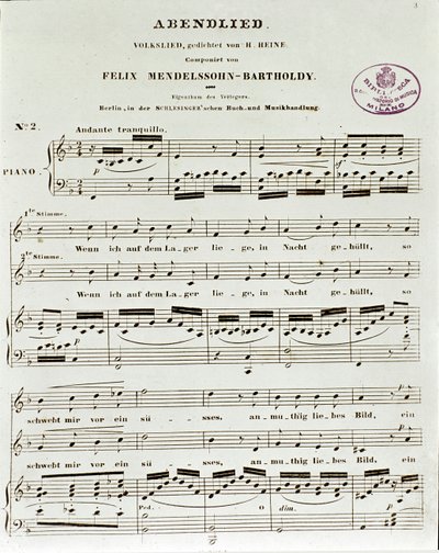 Partitursida av Abendlied av Felix Mendelssohn av German School