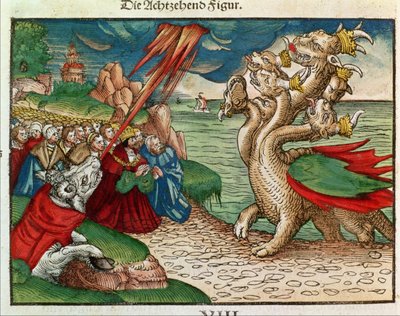 Sjuhövdad orm från Uppenbarelseboken, från Lutherbibeln, ca 1530 (färgat träsnitt) av German School