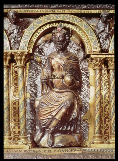 Kejsar Karl den Stores helgedom (742-814), detalj av Henri IV (1050-1106) 1215 (guld & champlevemalj) av German School