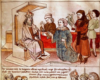 Sigismund I av Luxemburg (1368-1437), kejsare av det heliga riket tar emot hyllningen av de undergivna folken. Miniatyr från "Krönikor från Konciliet i Konstanz" av Ulrich Richental (1360-1437) 1438 ungefär Prag, nationalbibliotek av German School
