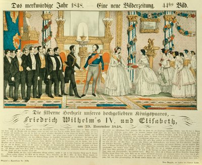 Silverbröllop mellan Fredrik Wilhelm IV av Preussen och hans hustru Elisabet Ludovika av Bayern, 1848 (färglitografi) av German School