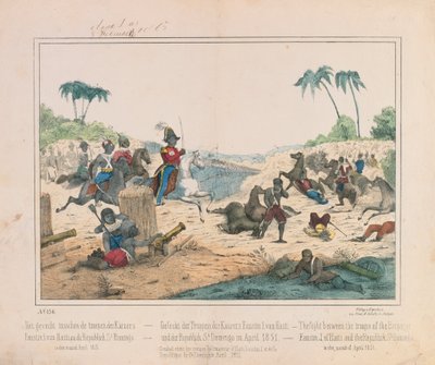 skärmytsling mellan trupper från kejsar Faustin I av Haiti och Dominikanska republiken Santo Domingo i april 1851, bildblad publicerat av Fried. Schulz Verlag, Stuttgart, 1851 av German School