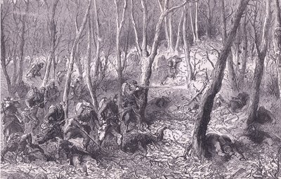 skärmytsling i skogen utanför Paris, Cassells historia om kriget mellan Frankrike och Tyskland publicerad av Cassell and Company Limited, ca 1890 (litho) av German School