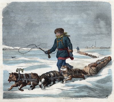 Slädehund i snön i Amerika. I "" Wenn Jemand eine Reise tut, so kann er was erhalten"" (När någon reser, detta är vad han kan berätta), tysk saga av Franz Wiedemann av German School