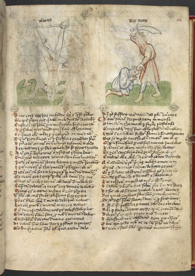 Sloane 361, f.26 Jesajas martyrskap; Kung Moab offrar sin son, från 