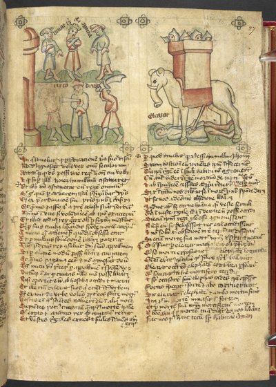 Sloane 361, f.27 Kung Codrus ger sig själv för att bli dödad för sitt folk, och Eleazar Maccabeus sticker elefanten och krossas av den, från 