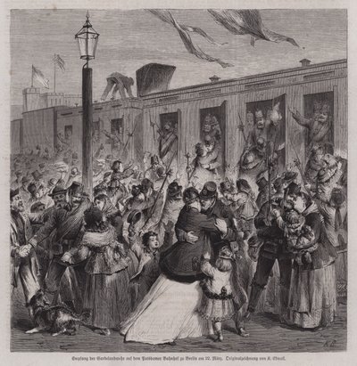 Soldater från den preussiska Garde Landwehr välkomnades vid Potsdam Station, Berlin, när de återvände från det fransk-preussiska kriget, 22 mars 1871 (gravyr) av German School