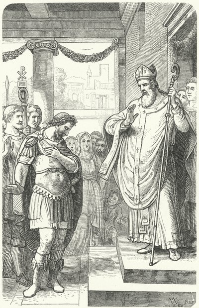 St Ambrosius hindrar den romerske kejsaren Theodosius I från att gå in i Milanos katedral som straff för massakern i Thessalonika, 390 (gravyr) av German School