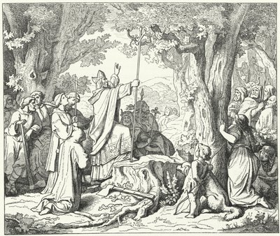 St Bonifatius fäller Donars ek, helig för de hedniska tyskarna (gravyr) av German School