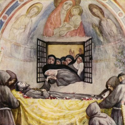 S:ta Klara sörjer S:t Franciskus av Assisi (färglitografi) av German School