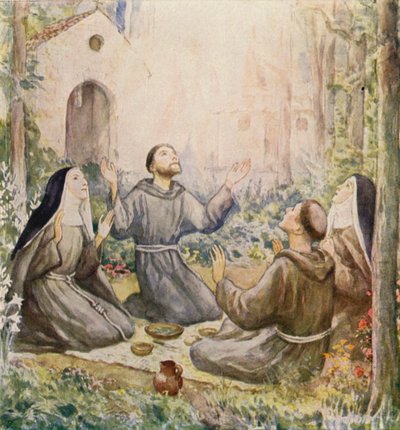 Franciskus och Klara av Assisi äter måltiden utanför kyrkan St Mary of the Angels (färglitografi) av German School
