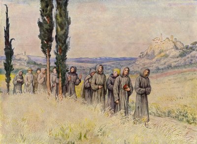 Franciskus och hans följeslagare på väg till Rom (färglitografi) av German School