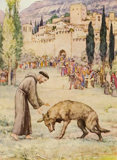 S:t Franciskus och vargen i Gubbio (färglitografi) av German School
