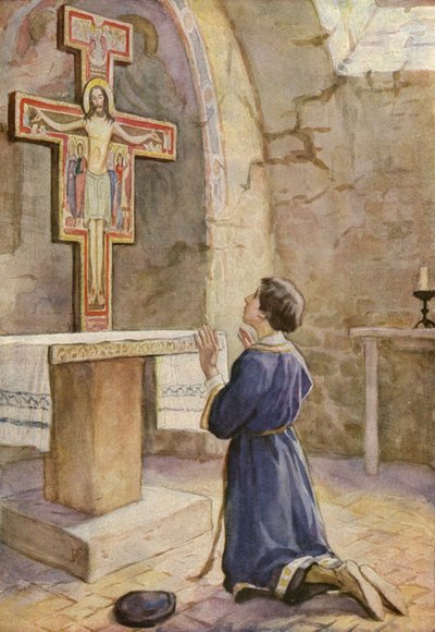 S:t Franciskus framför ikonen av den korsfäste Kristus i San Damiano-kyrkan (färglitografi) av German School