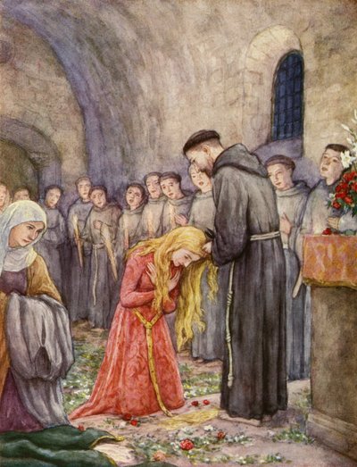 S:t Franciskus klipper håret på S:ta Klara av Assisi (färglitografi) av German School