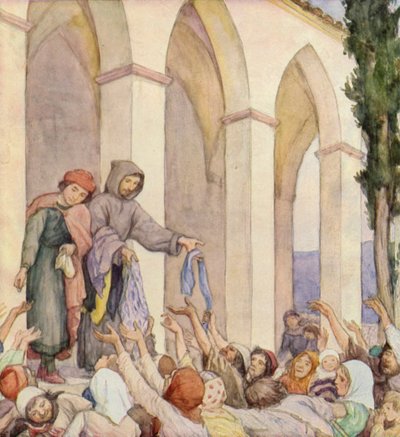 S:t Franciskus hjälper de fattiga (färglitografi) av German School