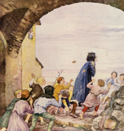 Sankt Franciskus hånad av barn (färglitografi) av German School