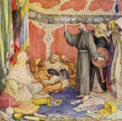 S:t Franciskus besöker sultanen av Egypten (färglitografi) av German School