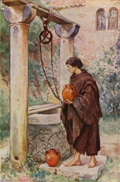 S:t Franciskus arbetar som scullion i ett kloster (färglitografi) av German School