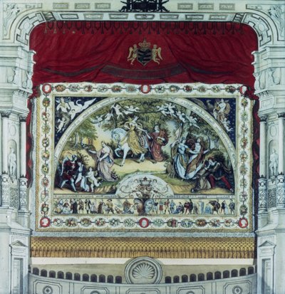 Scen och dekorativ gardin av Dresden-teatern (penna, bläck och wc på papper) av German School