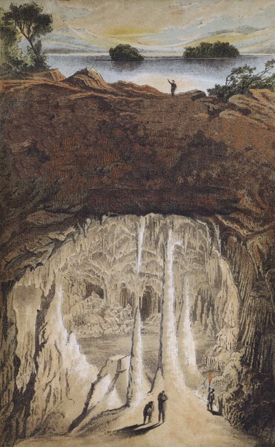 Stalaktiter och stalagmiter i en grotta (färg litho) av German School