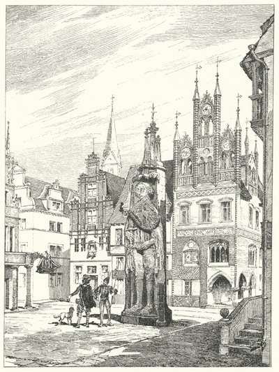 Staty av Roland restes 1404 mot katedralen i Bremen, Tyskland (gravyr) av German School