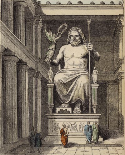 Staty av Zeus i det antika grekiska templet på Olympia (färgad gravyr) av German School