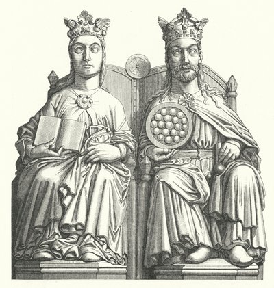 Statyer vid katedralen i Magdeburg kallad "The Royal Couple" tänkte porträttera kung Otto I och hans fru Edith av England (gravyr) av German School