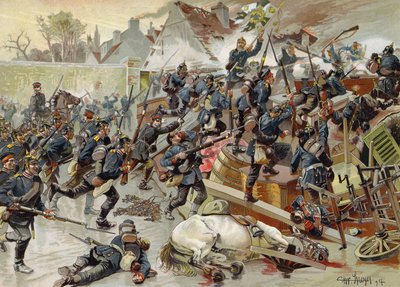 Stormningen av den stora barrikaden vid ingången till Le Bourget av drottning Elizabeths 3:e regemente av grenadjärgardet, fransk-preussiska kriget, 30 oktober 1870 av German School