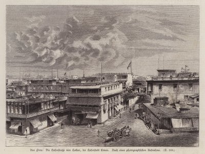 Gata som leder till hamnen i Callao, hamnen i Lima, Peru (gravyr) av German School