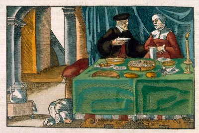 Nattvarsbord, efter tyskt manuskript, ca 1650 (handkolorerad gravyr) av German School