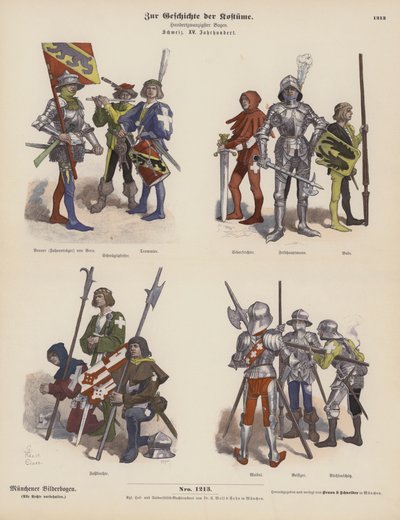 Schweiziska militärdräkter från 1400-talet (färgad gravyr) av German School