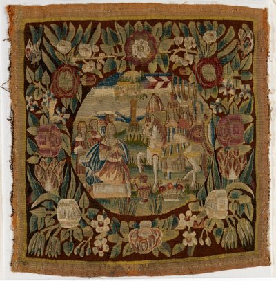 Gobeläng kuddfodral föreställande David och Abigail, Samuel XXV, möjligen tillverkat i Hamburg, Tyskland, ca 1615 (ull) av German School