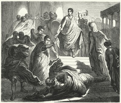 Tarquinius Superbus mördar sin svärfar, Servius Tullus, för att göra anspråk på den romerska tronen (gravyr) av German School