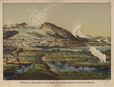 Te Tarata (White Terrace), geotermiska kiseldioxidsinteravlagringar på stranden av Lake Rotomahana, Nya Zeeland (färg litho) av German School