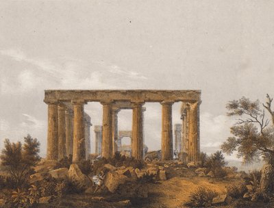 Templet i Aphaea, Aegina, Grekland (färglitografi) av German School
