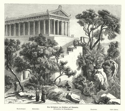 Poseidons tempel, Kalaureia, Grekland, där Demosthenes tog sin helgedom innan han tog gift 322 f.Kr. (gravyr) av German School