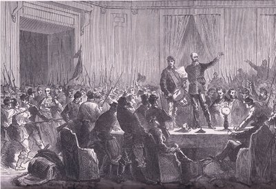 Den 106:e bataljonen av nationalgardet levererar Trochu på Hotel De Ville, Cassells historia om kriget mellan Frankrike och Tyskland publicerad av Cassell and Company Limited, ca 1890 (litho) av German School