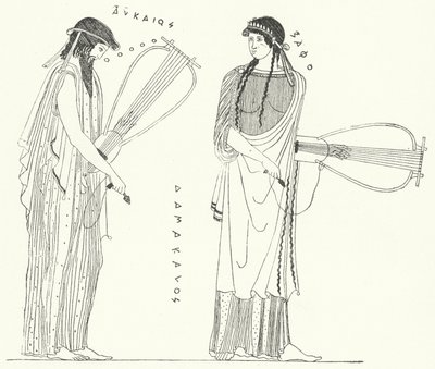 Den antika grekiske poeten Alcaeus och hans älskare Sappho (gravyr) av German School