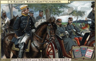 Slaget vid Sedan, kriget 1870: General Otto von Bismarck (1815-1898), kung av Preussen eskorterade kejsar Napoleon III (Louis Napoleon Bonaparte) av German School