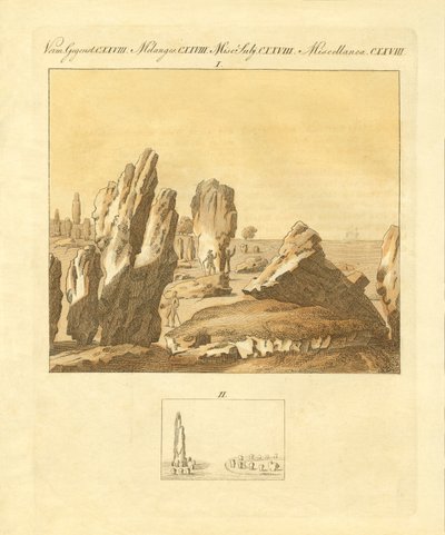 De keltiska monumenten i Carnac (färgad gravyr) av German School