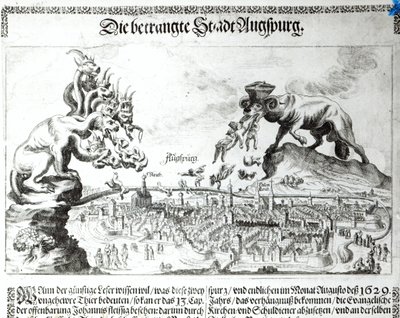 Staden Augsburg tvingades acceptera katolsk dominans 1629 (gravyr) (bw foto) av German School