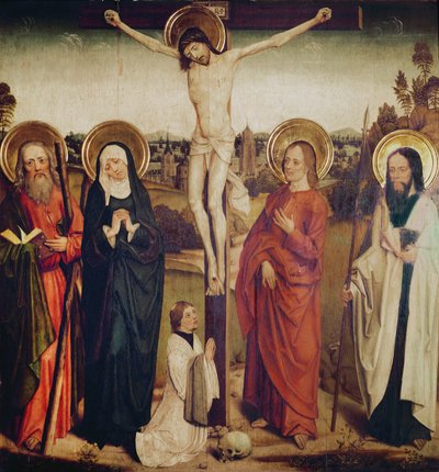Korsfästelsen, med St Andrew, Saint Matthew och en man som knäböjer vid foten av korset av German School