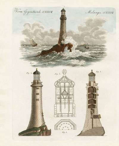 The Eddystone Lighthouse (färgad gravyr) av German School