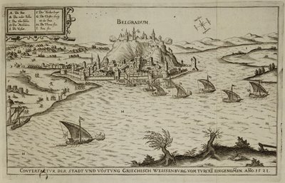 Belgrads fall för turkarna 1521, illustration från en bok om de osmanska kampanjerna i Europa, graverad av Paul Furst (ca 1605-66) av German School