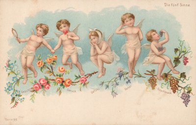 De fem sinnena (färg litho) av German School