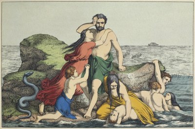The Flood, illustration från LAncien Testament, utgiven av Jakob Ferdinand Schreiber, Esslingen (färgstick) av German School