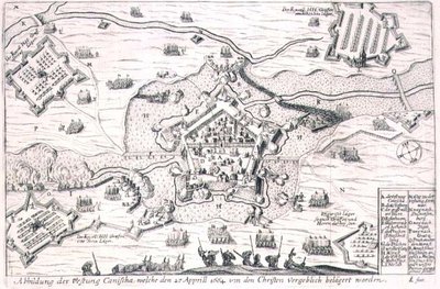 Fästningen Canischa belägrade förgäves av de kristna 1664, illustration från en bok om de osmanska kampanjerna i Europa, graverad av Paul Furst (ca 1605-66) (gravyr) av German School